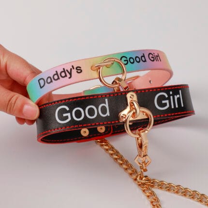 Good Girl leash BDSM collar set submissive gold chain obedience leash
