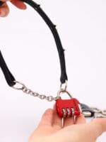 Lockable BDSM collar with pink “Good Girl” combination padlock and chain O-ring front