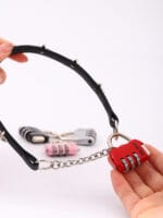 Lockable BDSM collar with pink “Good Girl” combination padlock and chain O-ring front