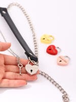 Lockable BDSM collar with heart padlock engraved Good Girl and matching key necklace