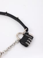 Lockable BDSM collar with pink “Good Girl” combination padlock and chain O-ring front