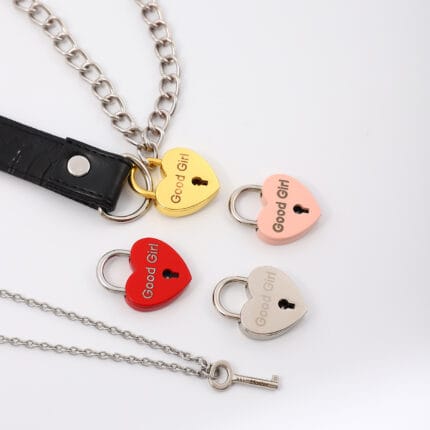 Lockable BDSM collar with heart padlock engraved Good Girl and matching key necklace