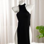 Gorean kajira dress with high slits and backless design — sheer submissive nightgown for women embracing sensual devotion and lifestyle elegance.