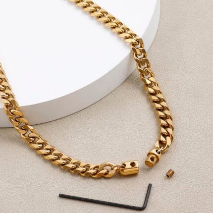 Hex Lock collar BDSM, Gold Cuban chain BDSM collar with hex lock engraved "Good Girl"