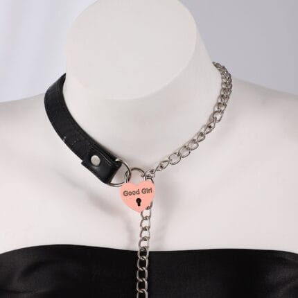 Lockable BDSM collar with heart padlock engraved Good Girl and matching key necklace