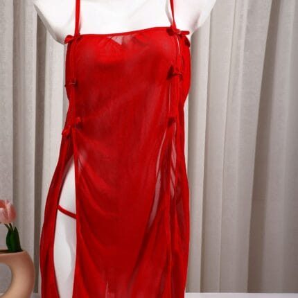 Red sheer kajira outfit slave outfit with high slits and ribbon ties