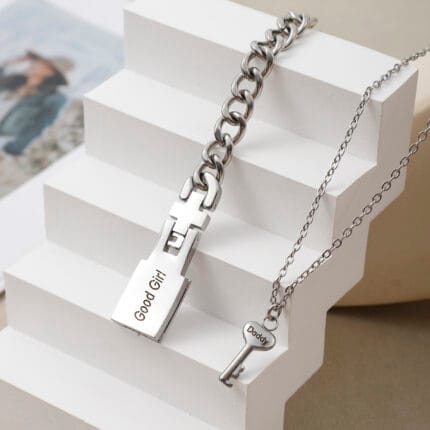 Permanent locking bracelet for submissive with engraved key and hidden message plate