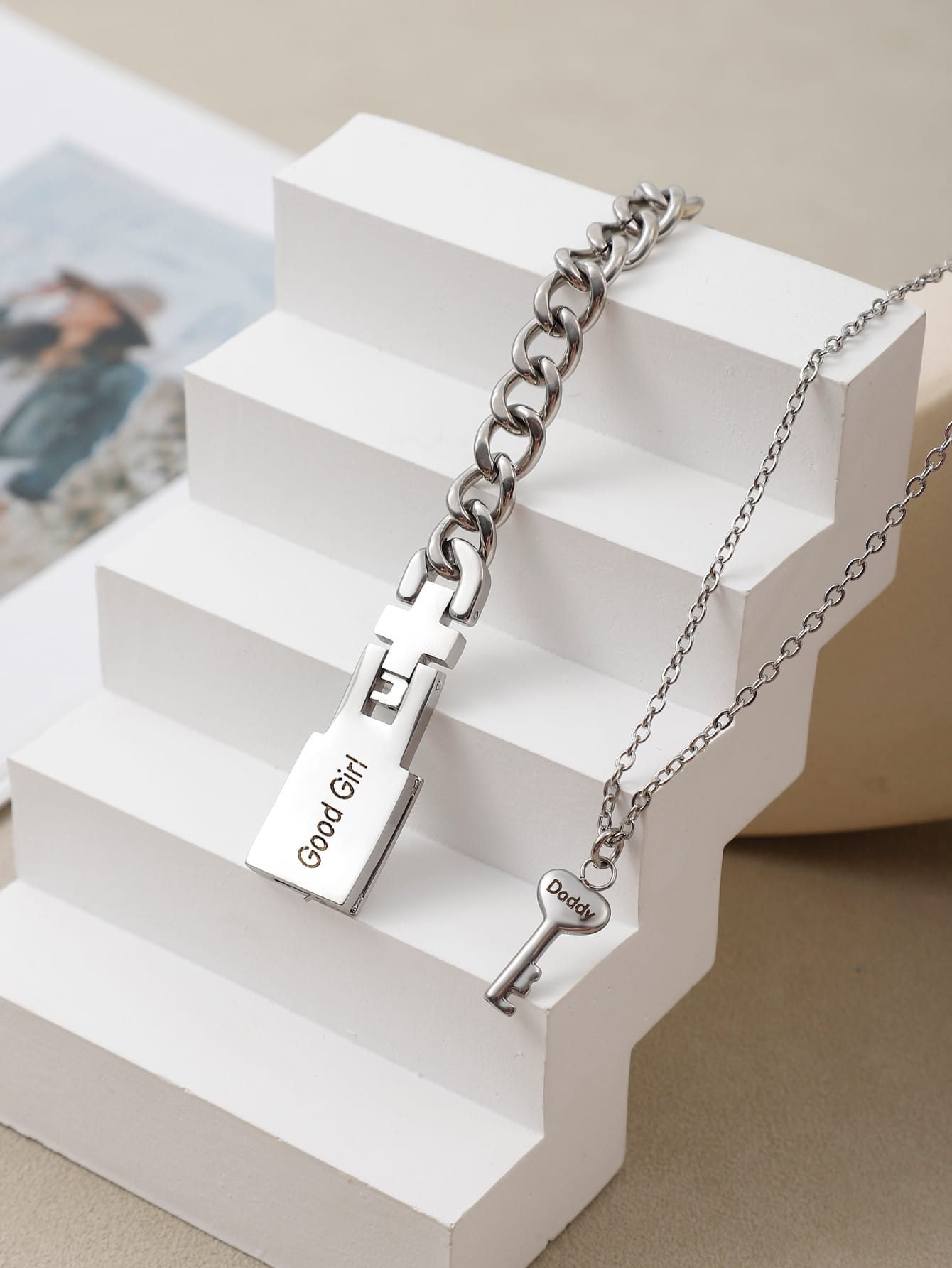 siglekeyok Permanent locking bracelet for submissive with engraved key and hidden message plate