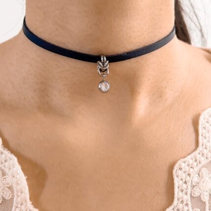 Locking submissive collar necklace in leather with engraved hex lock & Cubic zirconia charm. A discreet day collar built for devotion.