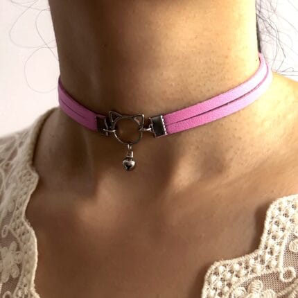 Permanent locking collar, Pink submissive collar with kitten ear O-ring and engraved hex lock clasp