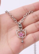 Kitten play collar with pink flower pendant and engravable hex clasp
