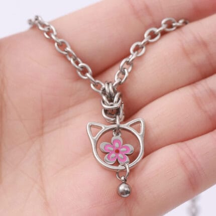 Kitten play collar with pink flower pendant and engravable hex clasp