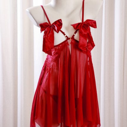 Sheer red kajira dress with bows – Gorean slave outfit for rituals and submissive ceremonies.
