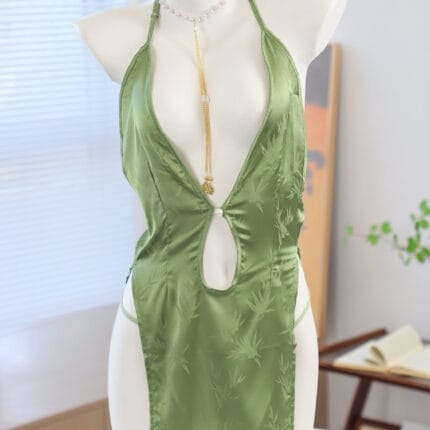 Green silky kajira dress with Good Girl print – Gorean slave dress for submissive rituals.