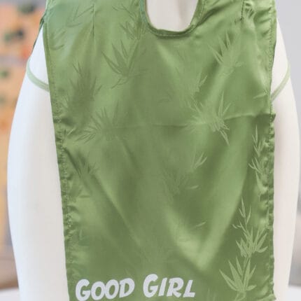 Green silky kajira dress with Good Girl print – Gorean slave dress for submissive rituals.
