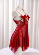 Sheer red kajira dress with bows – Gorean slave outfit for rituals and submissive ceremonies.