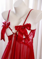 Sheer red kajira dress with bows – Gorean slave outfit for rituals and submissive ceremonies.