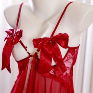 Sheer red kajira dress with bows – Gorean slave outfit for rituals and submissive ceremonies.