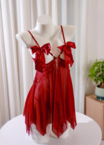 Sheer red kajira dress with bows – Gorean slave outfit for rituals and submissive ceremonies.