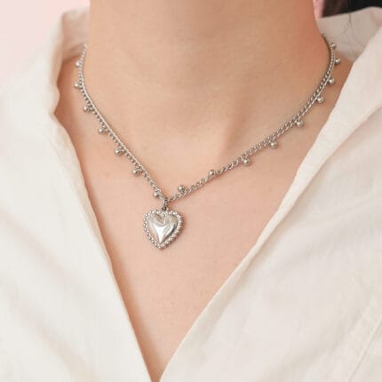 Heart day collar stainless steel with cable chain bead stations and heart pendant