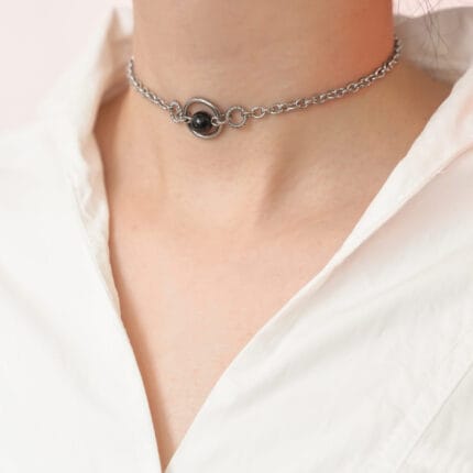 Triple O-ring collar with black pearl on stainless steel chain, discreet submissive jewelry for daily wear