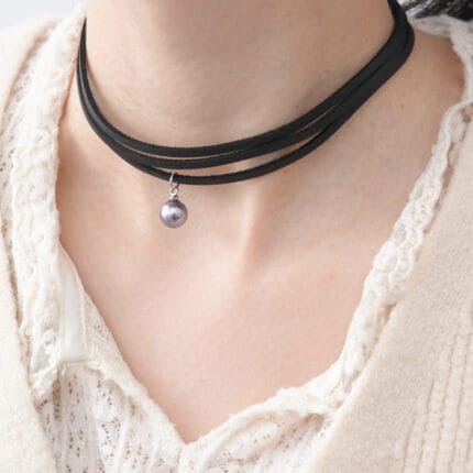 Triple layered leather BDSM choker with purple pearl and lockable hex lock